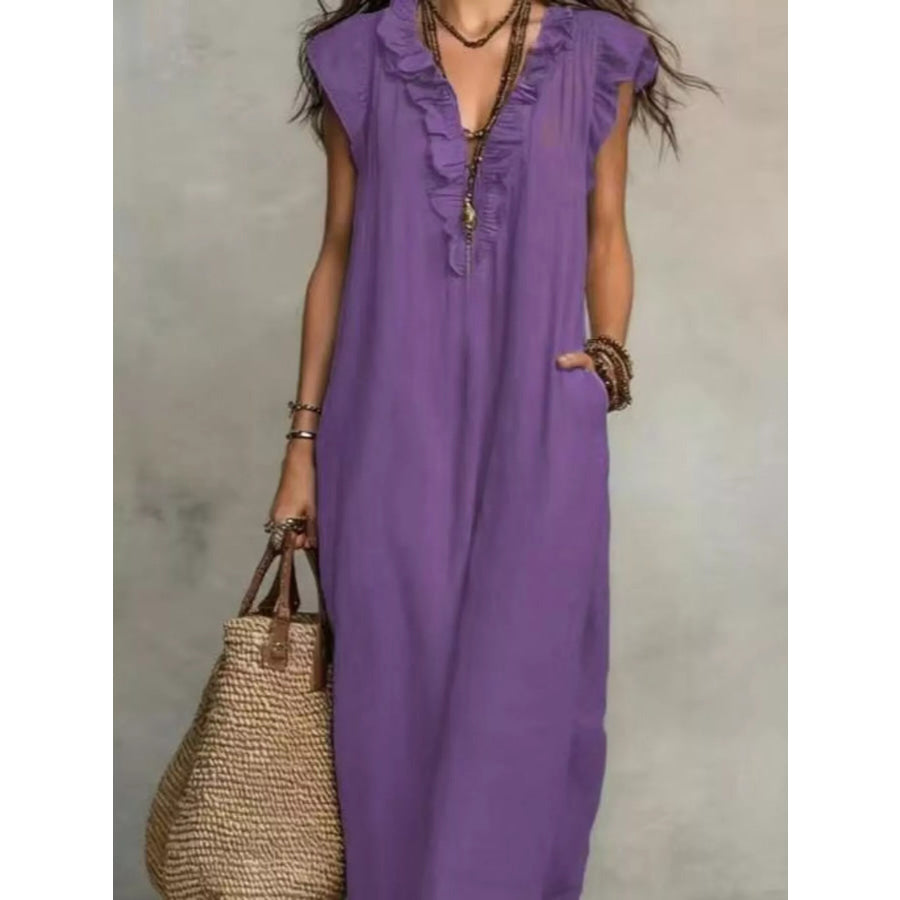 Full Size Bohemian Ruffle Neck Maxi Dress Plus Size Purple / S Apparel and Accessories