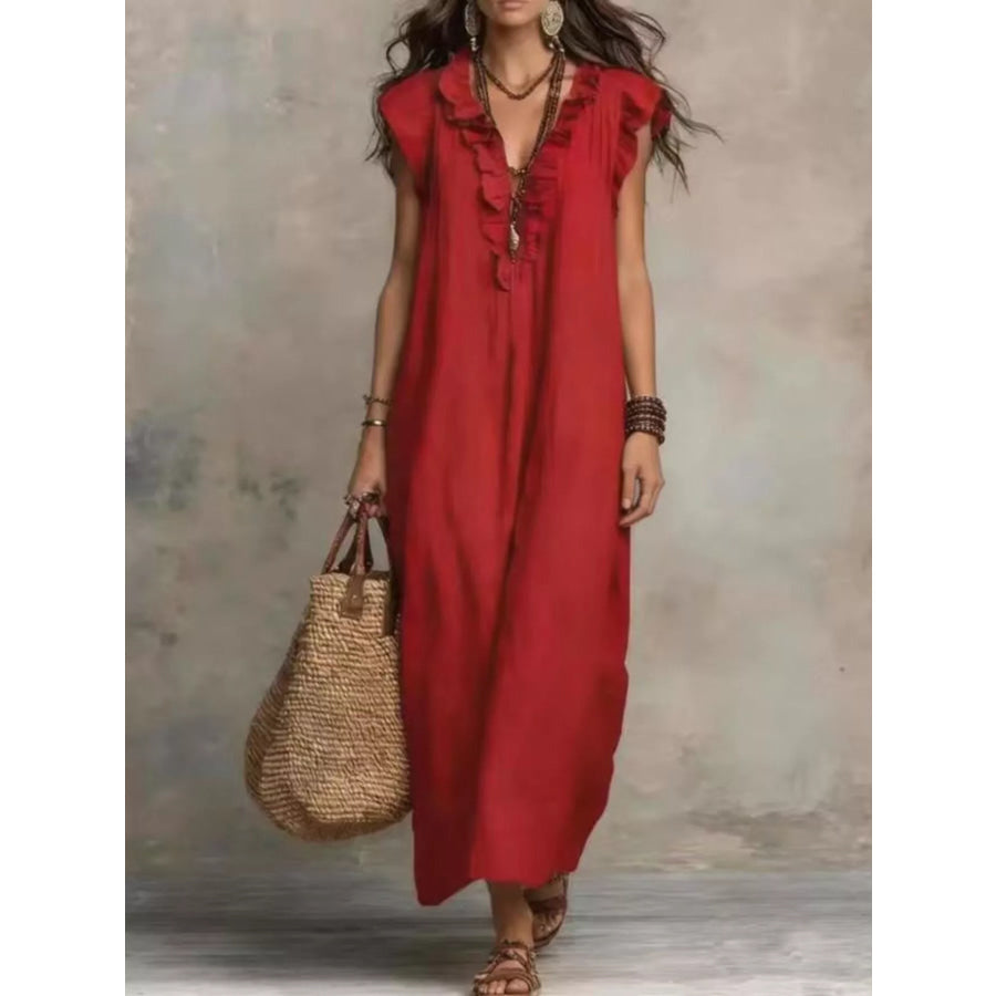 Full Size Bohemian Ruffle Neck Maxi Dress Plus Size Red / S Apparel and Accessories