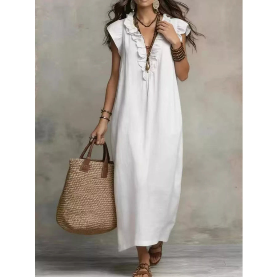 Full Size Bohemian Ruffle Neck Maxi Dress Plus Size White / S Apparel and Accessories
