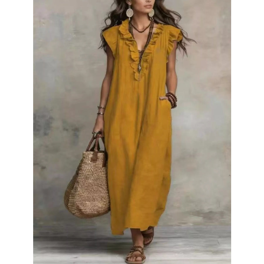 Full Size Bohemian Ruffle Neck Maxi Dress Plus Size Yellow / S Apparel and Accessories