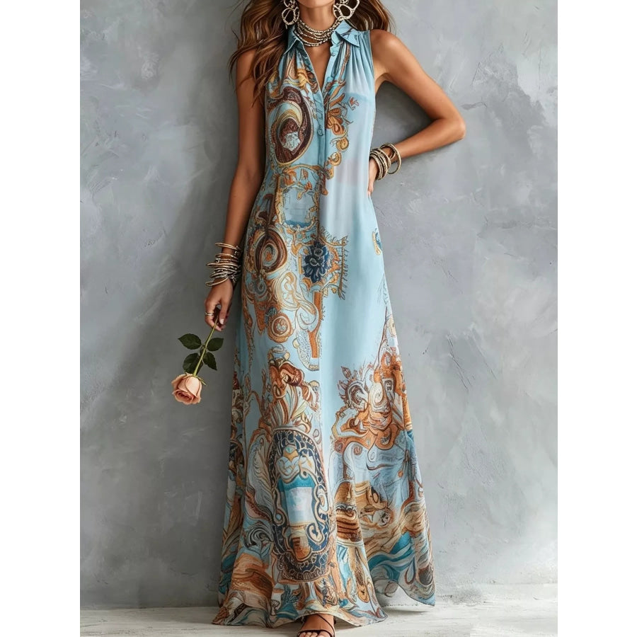 Full Size Bohemian Sleeveless Printed Maxi Shirt Dress Plus Apparel and Accessories