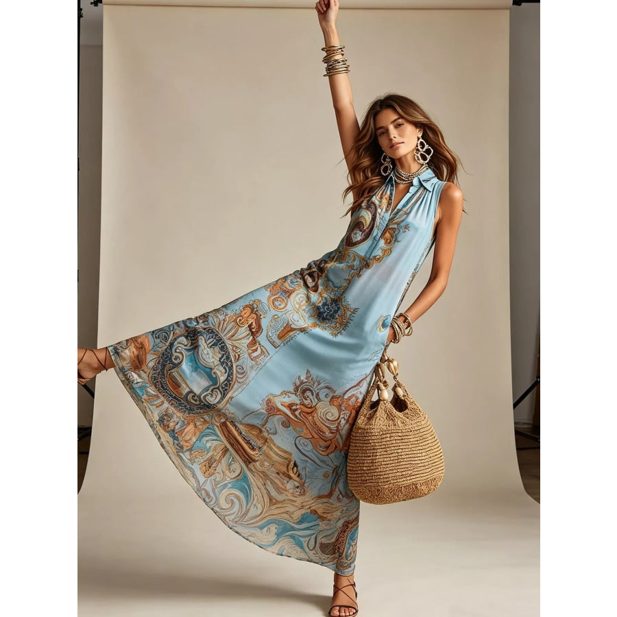 Full Size Bohemian Sleeveless Printed Maxi Shirt Dress Plus Apparel and Accessories