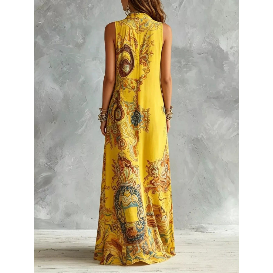 Full Size Bohemian Sleeveless Printed Maxi Shirt Dress Plus Apparel and Accessories