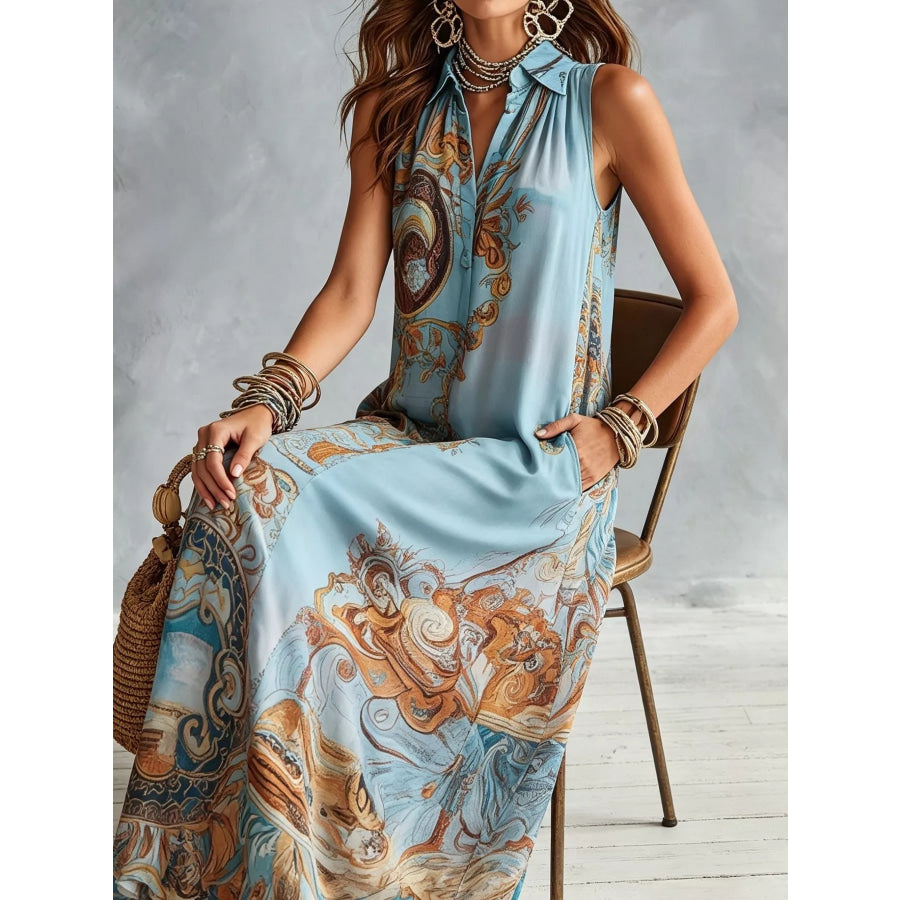 Full Size Bohemian Sleeveless Printed Maxi Shirt Dress Plus Apparel and Accessories