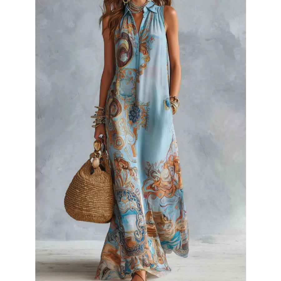 Full Size Bohemian Sleeveless Printed Maxi Shirt Dress Plus Apparel and Accessories