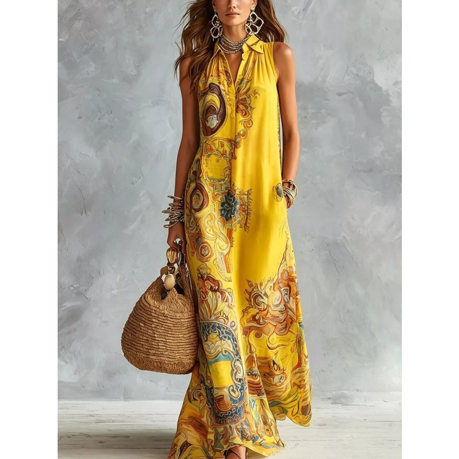 Full Size Bohemian Sleeveless Printed Maxi Shirt Dress Plus Yellow / S Apparel and Accessories