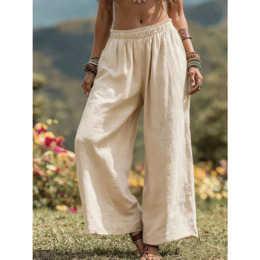 Full Size Bohemian Wide-Leg Pants Plus Size Apricot / S Apparel and Accessories