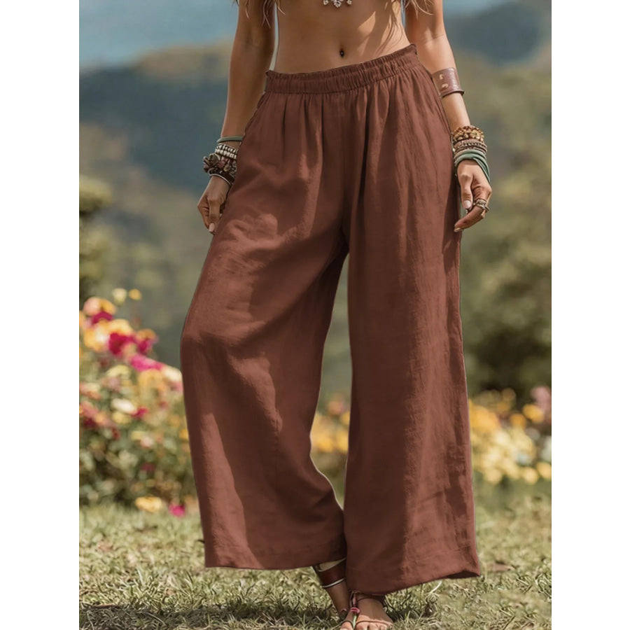 Full Size Bohemian Wide-Leg Pants Plus Size Light Brown / S Apparel and Accessories