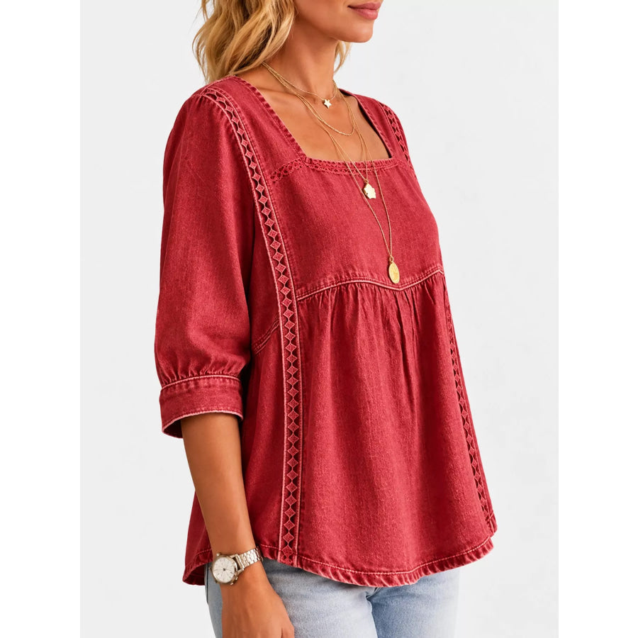 Full Size Boho Style Embroidered Denim Blouse with Square Neckline Plus Apparel and Accessories