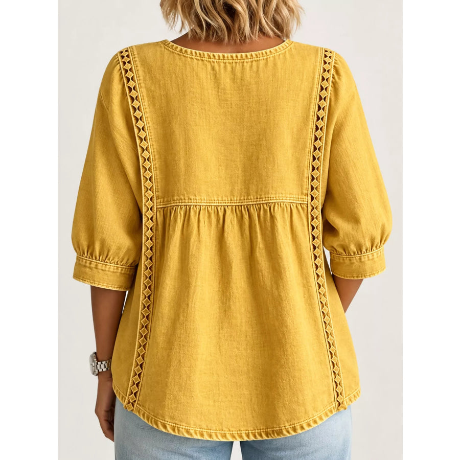 Full Size Boho Style Embroidered Denim Blouse with Square Neckline Plus Apparel and Accessories