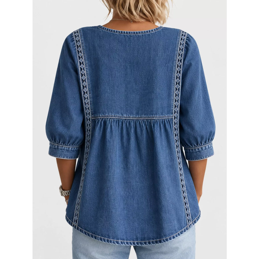 Full Size Boho Style Embroidered Denim Blouse with Square Neckline Plus Apparel and Accessories