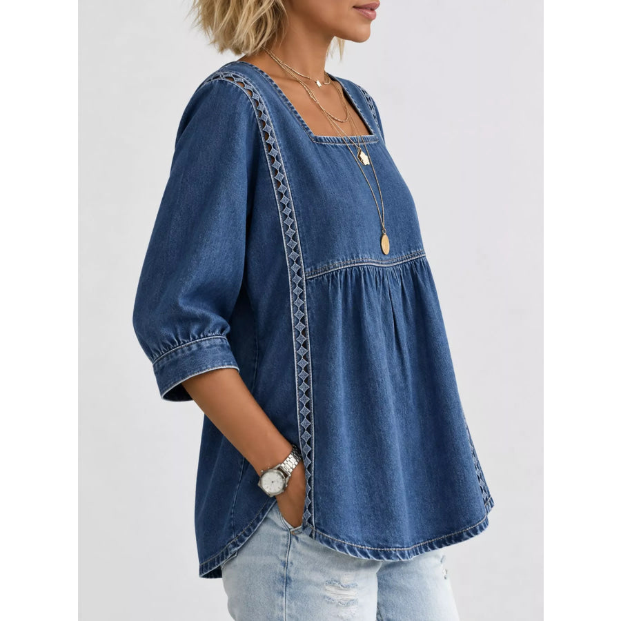 Full Size Boho Style Embroidered Denim Blouse with Square Neckline Plus Apparel and Accessories
