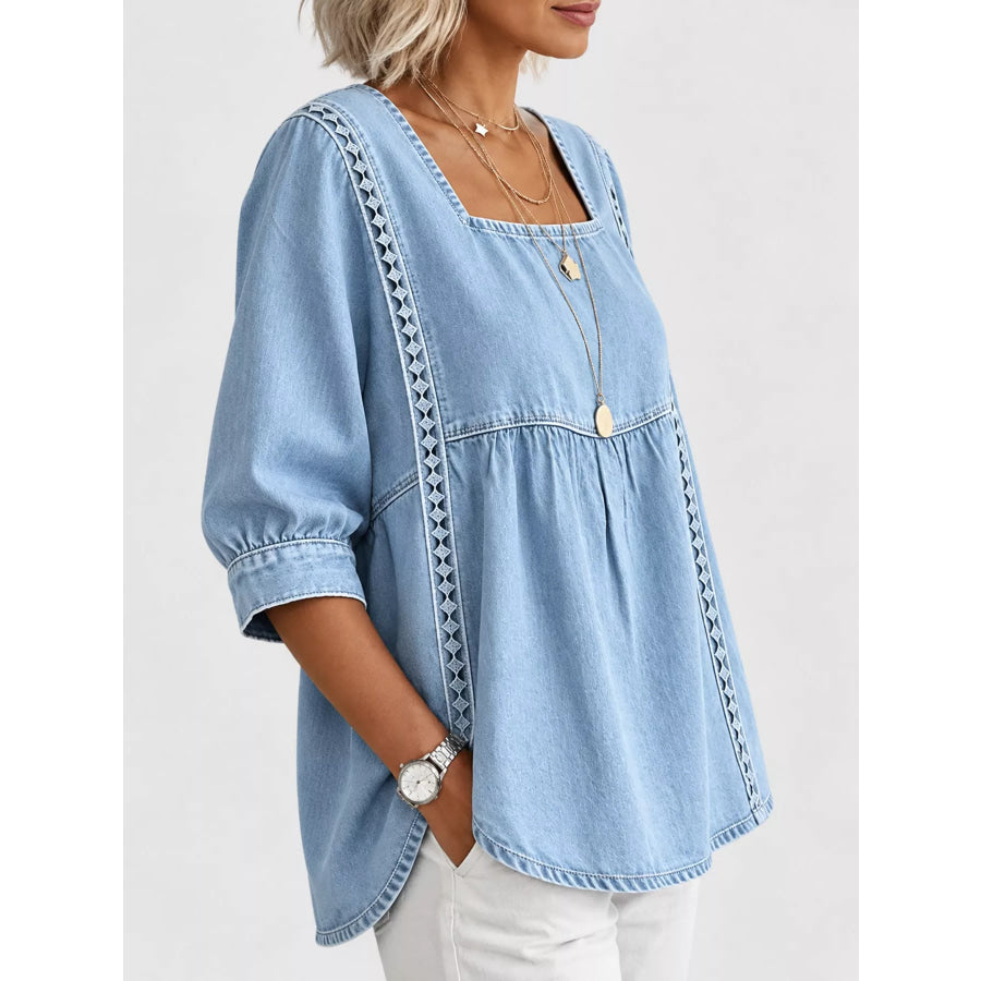 Full Size Boho Style Embroidered Denim Blouse with Square Neckline Plus Apparel and Accessories