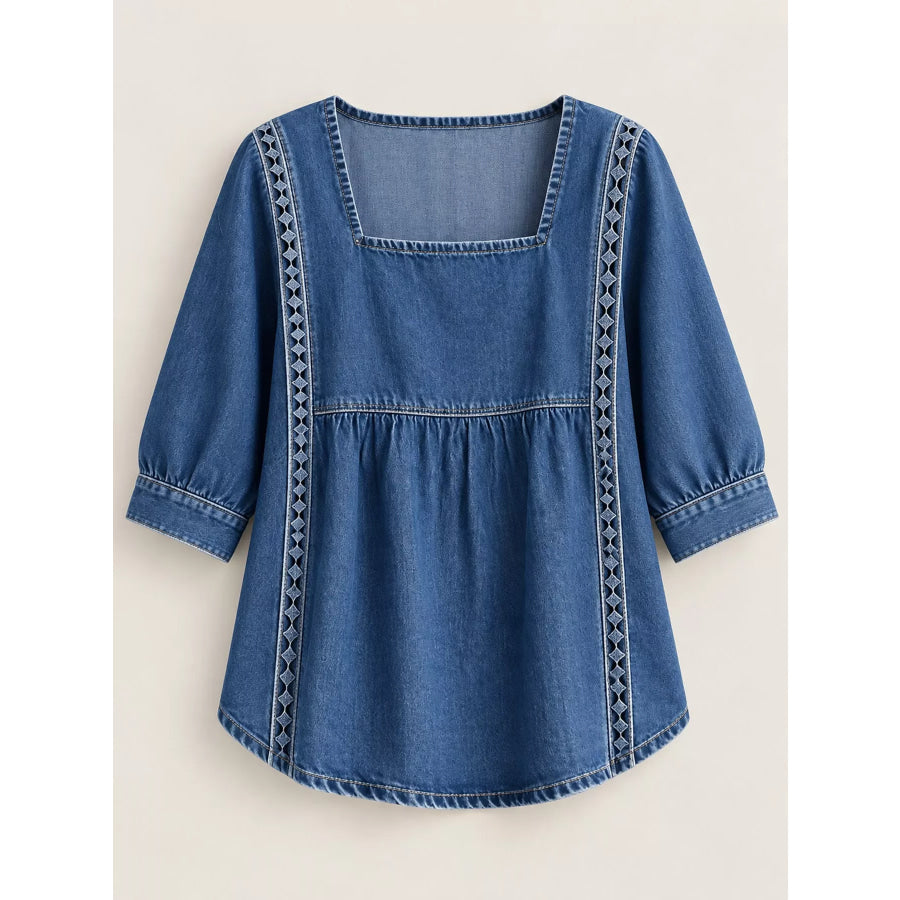 Full Size Boho Style Embroidered Denim Blouse with Square Neckline Plus Apparel and Accessories