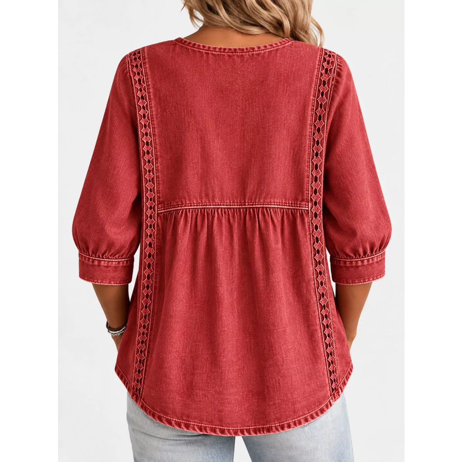 Full Size Boho Style Embroidered Denim Blouse with Square Neckline Plus Apparel and Accessories