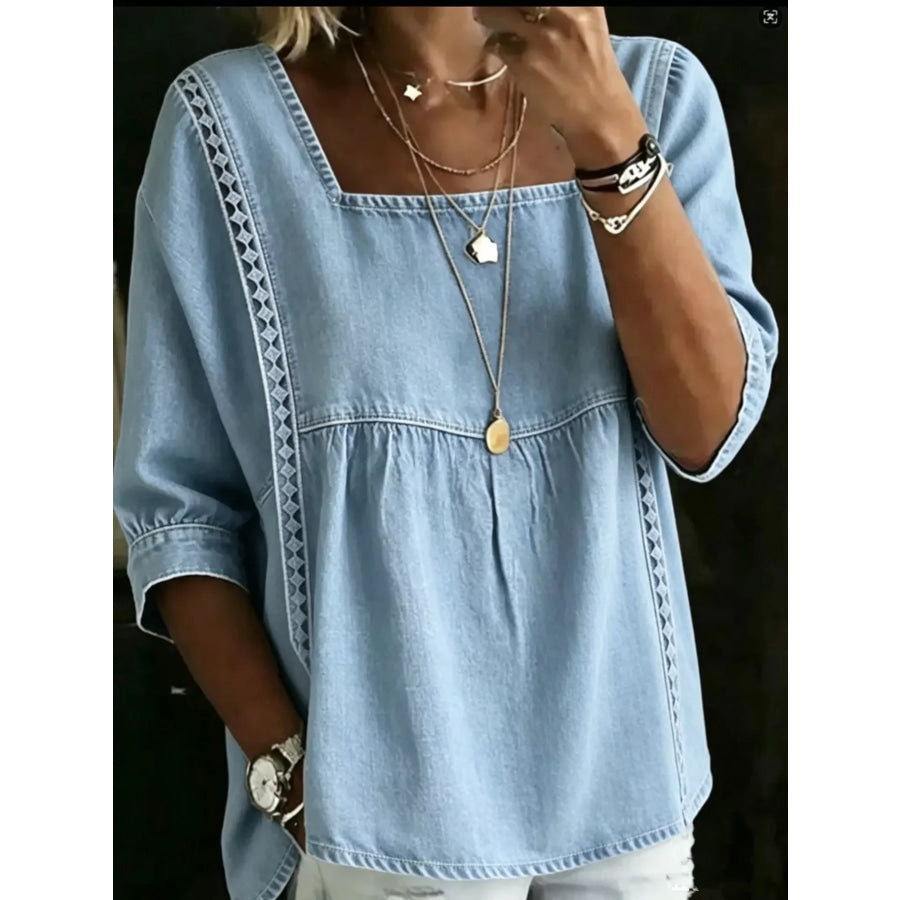 Full Size Boho Style Embroidered Denim Blouse with Square Neckline Plus Azure Blue / S Apparel and Accessories