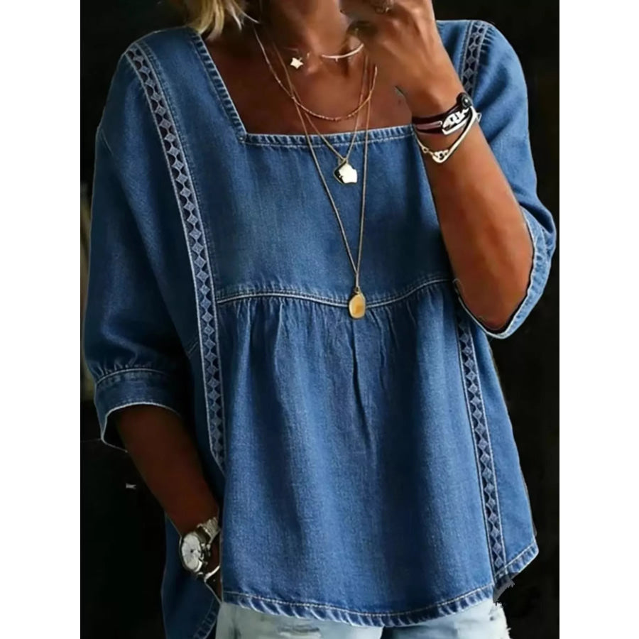 Full Size Boho Style Embroidered Denim Blouse with Square Neckline Plus Navy / S Apparel and Accessories