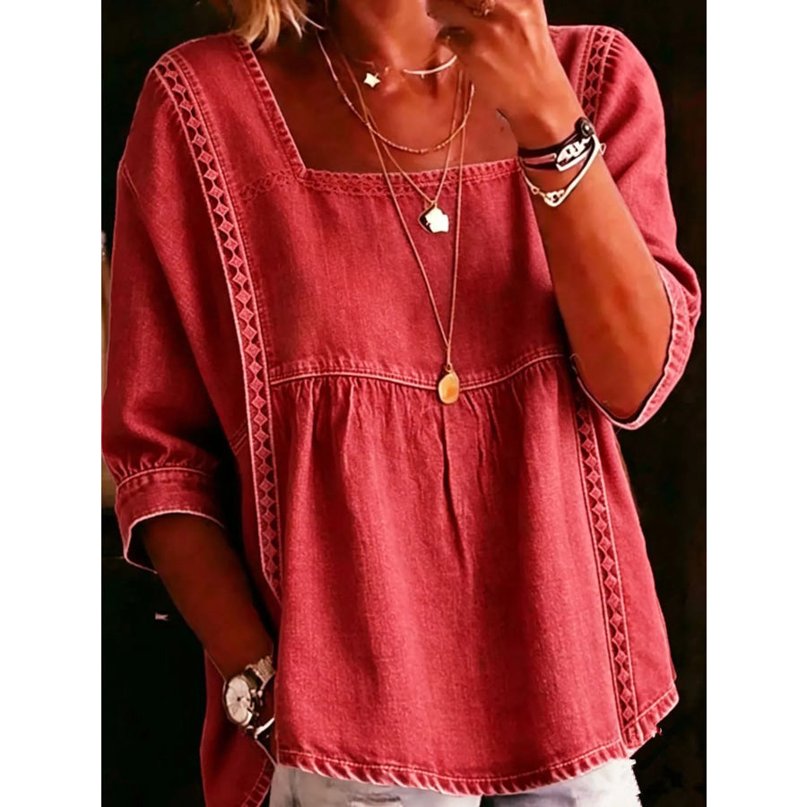 Full Size Boho Style Embroidered Denim Blouse with Square Neckline Plus Red / S Apparel and Accessories
