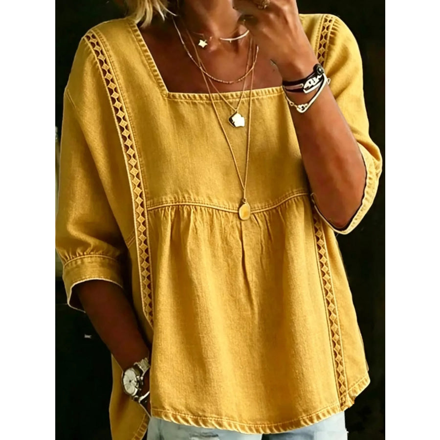 Full Size Boho Style Embroidered Denim Blouse with Square Neckline Plus Yellow / S Apparel and Accessories