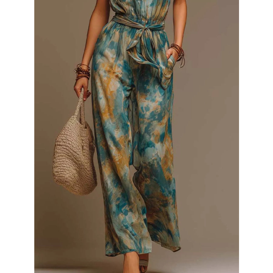 Full Size Boho Tie-Dye Halter Neck Wide-Leg Jumpsuit with Waist Tie Plus Apparel and Accessories