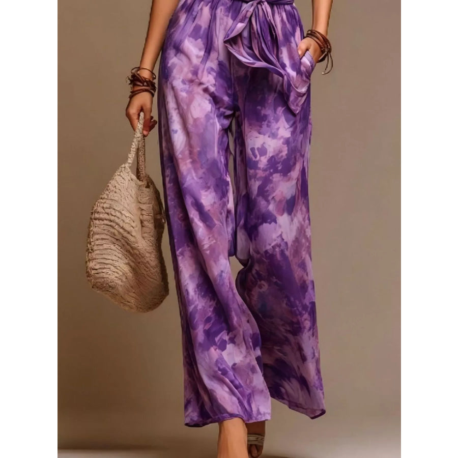 Full Size Boho Tie-Dye Halter Neck Wide-Leg Jumpsuit with Waist Tie Plus Apparel and Accessories