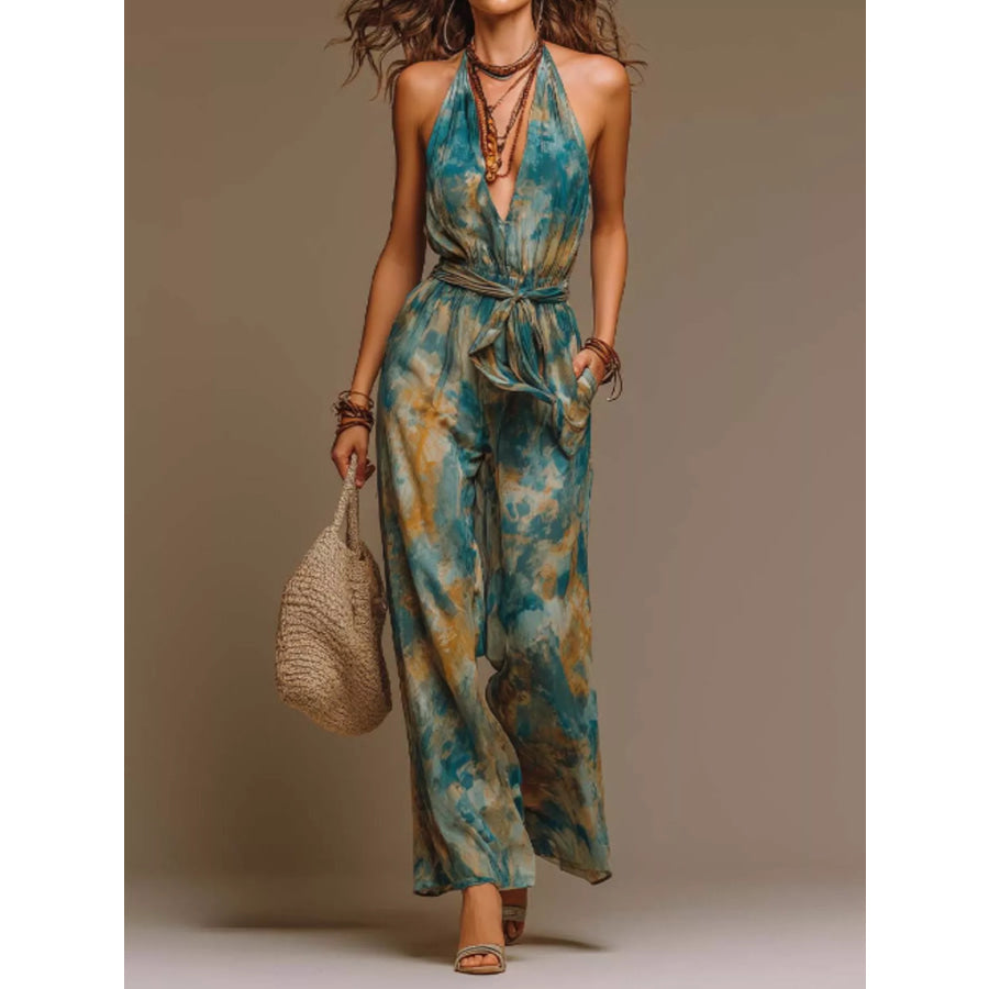 Full Size Boho Tie-Dye Halter Neck Wide-Leg Jumpsuit with Waist Tie Plus Green / S Apparel and Accessories