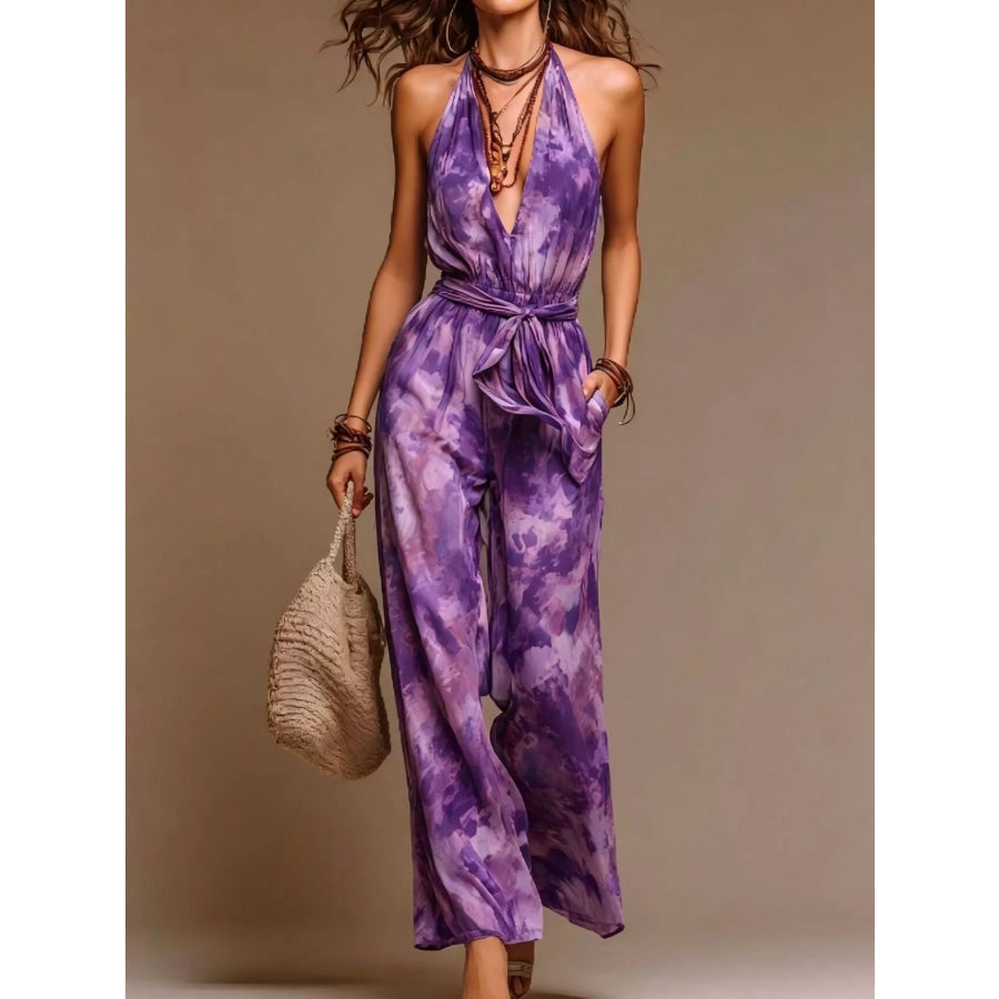 Full Size Boho Tie-Dye Halter Neck Wide-Leg Jumpsuit with Waist Tie Plus Purple / S Apparel and Accessories