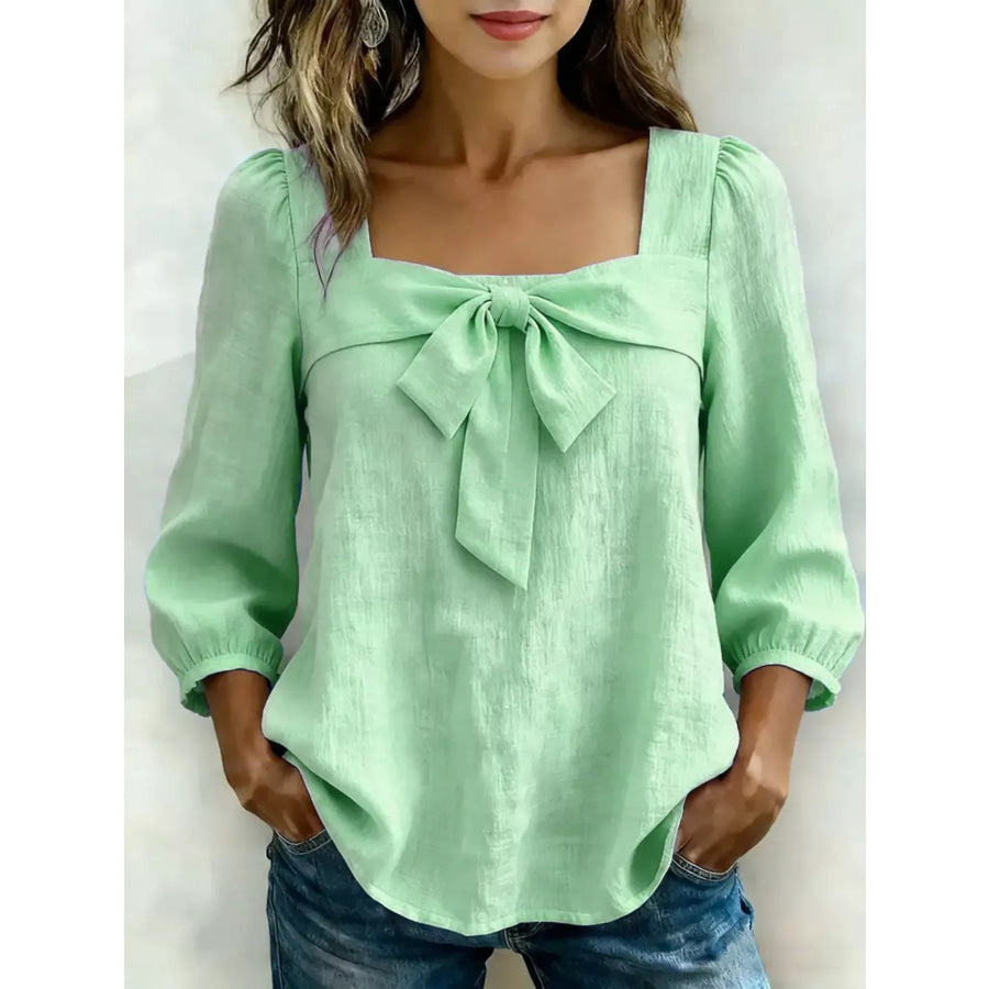 Full Size Bow Front Square Neck Blouse Plus Size Light Green / S Apparel and Accessories