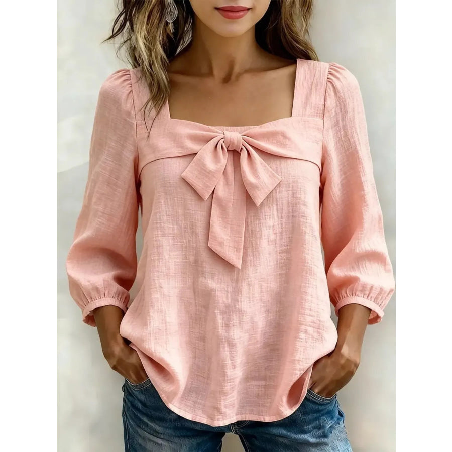 Full Size Bow Front Square Neck Blouse Plus Size Pink / S Apparel and Accessories