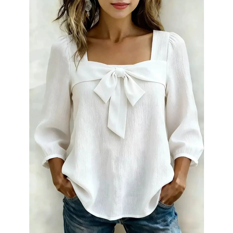 Full Size Bow Front Square Neck Blouse Plus Size White / S Apparel and Accessories