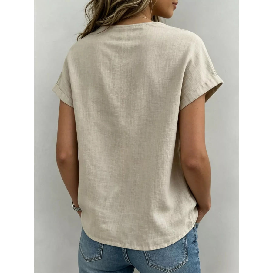 Full Size Bow Tie Neck Short Sleeve Blouse Plus Size Apparel and Accessories
