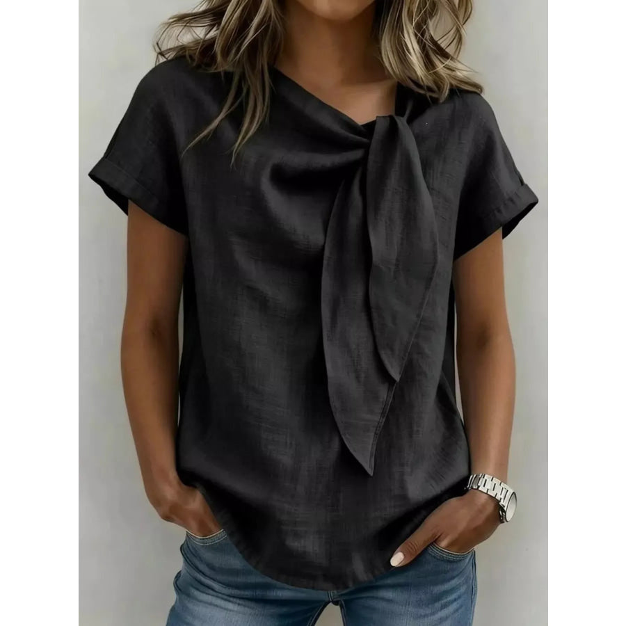 Full Size Bow Tie Neck Short Sleeve Blouse Plus Size Black / S Apparel and Accessories