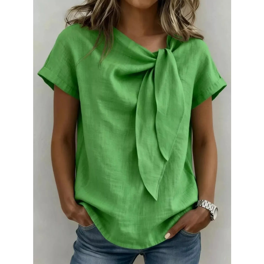 Full Size Bow Tie Neck Short Sleeve Blouse Plus Size Green / S Apparel and Accessories