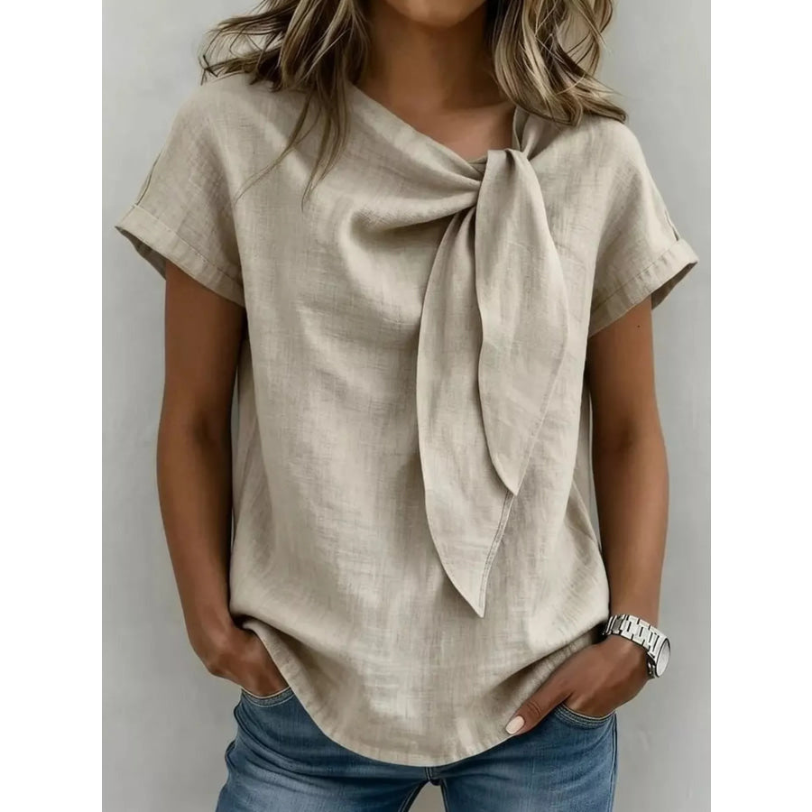Full Size Bow Tie Neck Short Sleeve Blouse Plus Size Khaki / S Apparel and Accessories