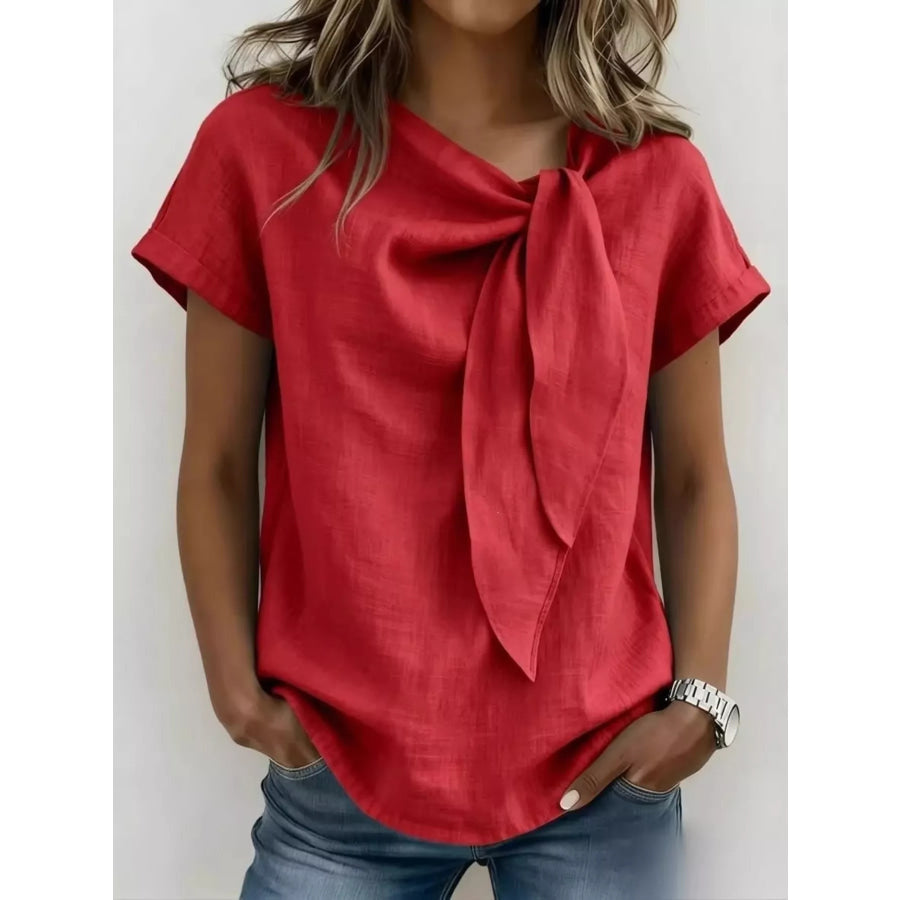 Full Size Bow Tie Neck Short Sleeve Blouse Plus Size Red / S Apparel and Accessories