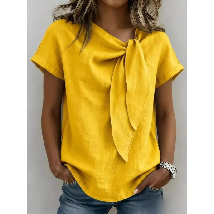 Full Size Bow Tie Neck Short Sleeve Blouse Plus Size Yellow / S Apparel and Accessories