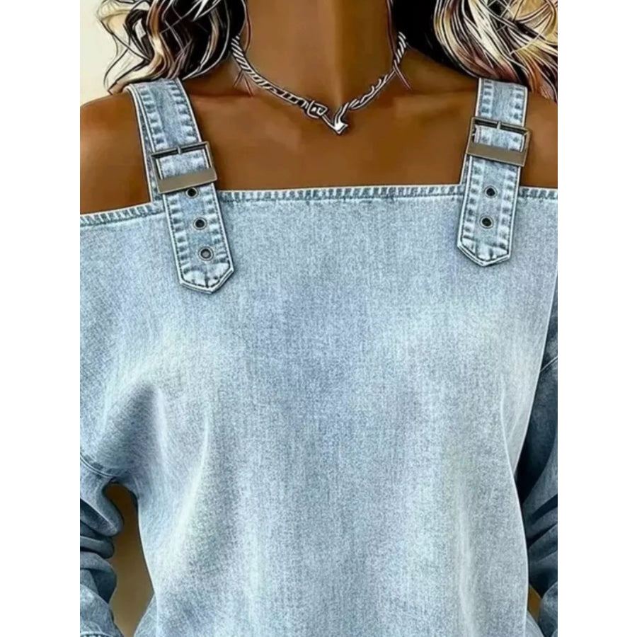 Full Size Buckle Strap Long Sleeve Denim Top Plus Apparel and Accessories