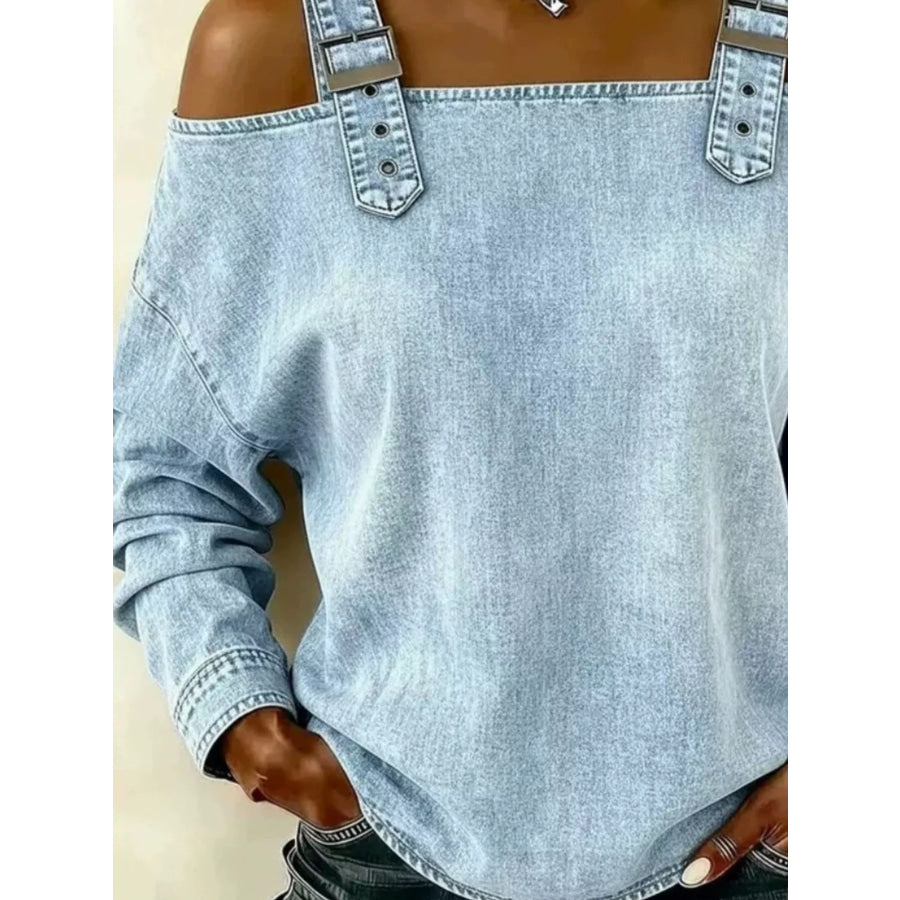 Full Size Buckle Strap Long Sleeve Denim Top Plus Apparel and Accessories