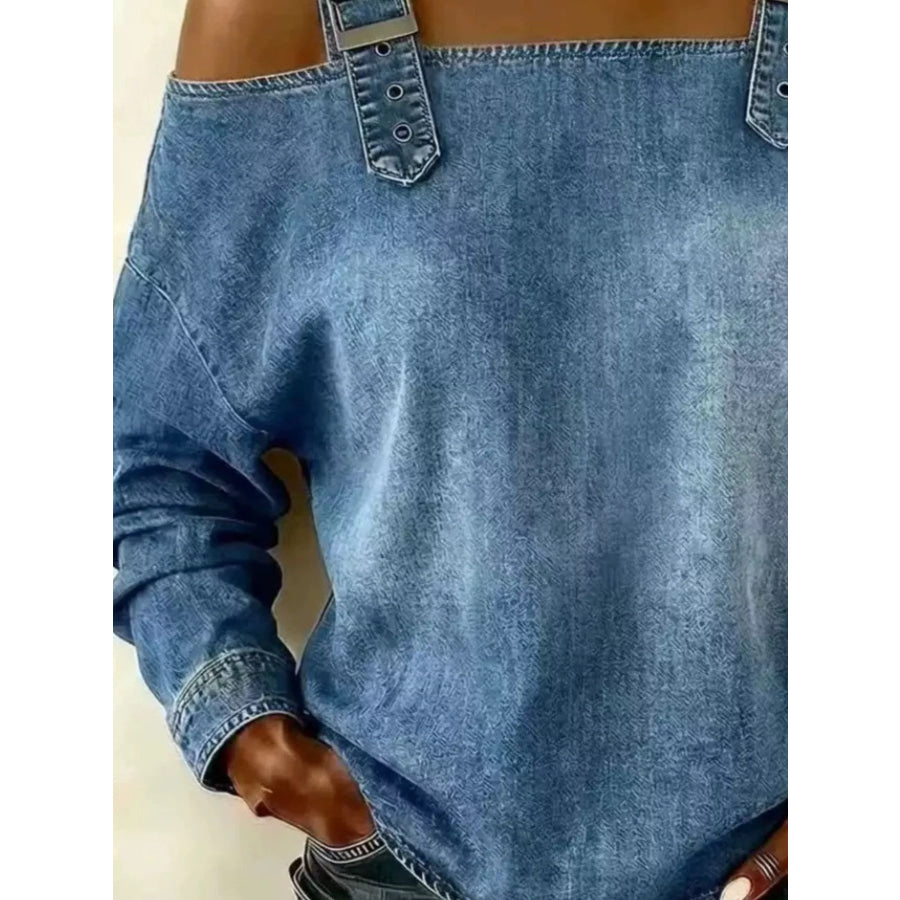Full Size Buckle Strap Long Sleeve Denim Top Plus Apparel and Accessories