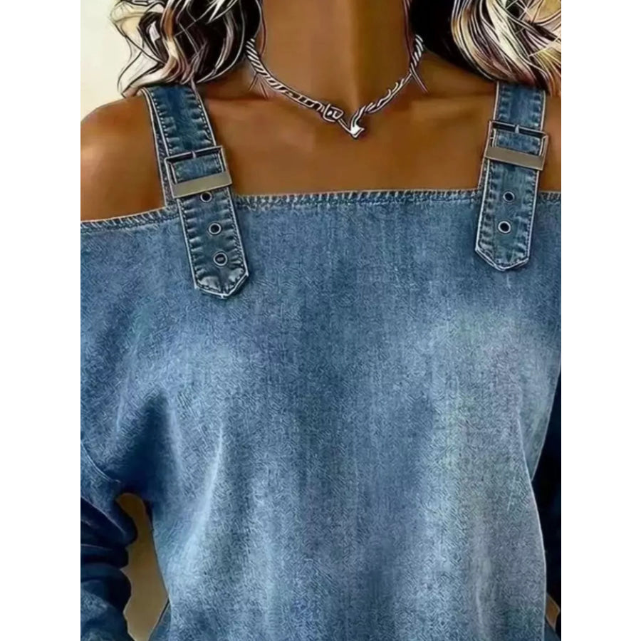 Full Size Buckle Strap Long Sleeve Denim Top Plus Apparel and Accessories