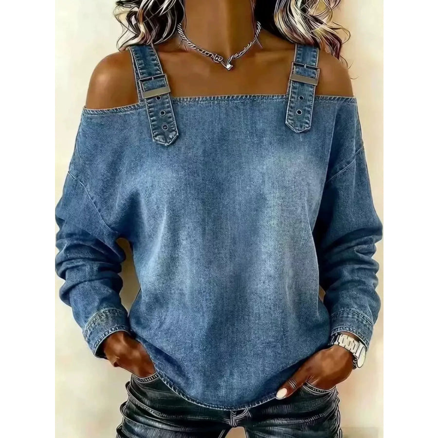 Full Size Buckle Strap Long Sleeve Denim Top Plus Dusty Blue / S Apparel and Accessories