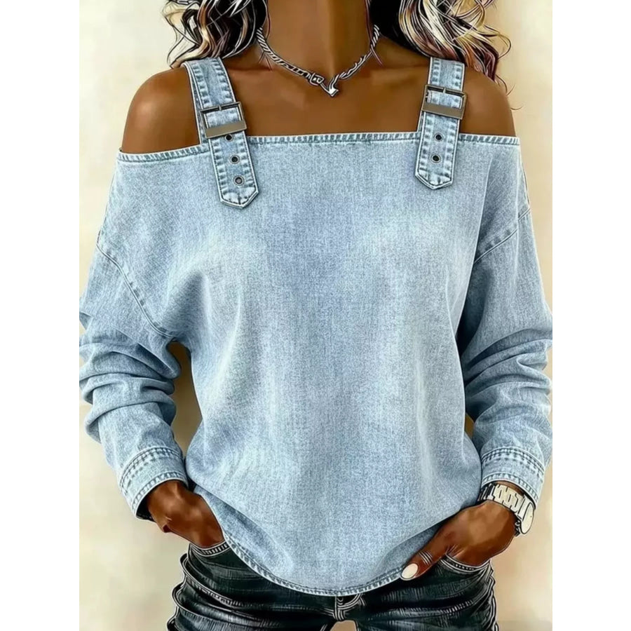 Full Size Buckle Strap Long Sleeve Denim Top Plus Light Blue / S Apparel and Accessories