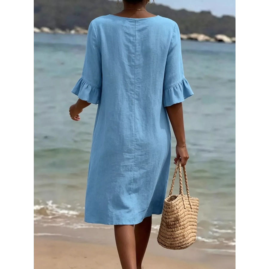 Full Size Button Decor Flounce Sleeve Dress Plus Size Apparel and Accessories