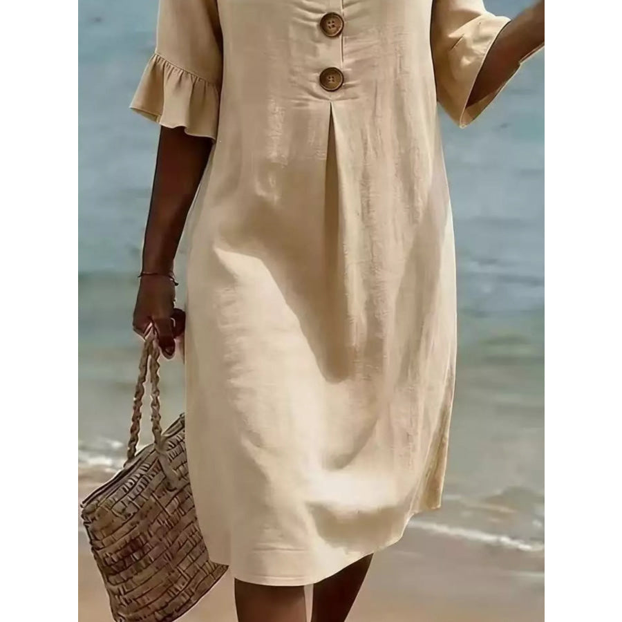 Full Size Button Decor Flounce Sleeve Dress Plus Size Apparel and Accessories