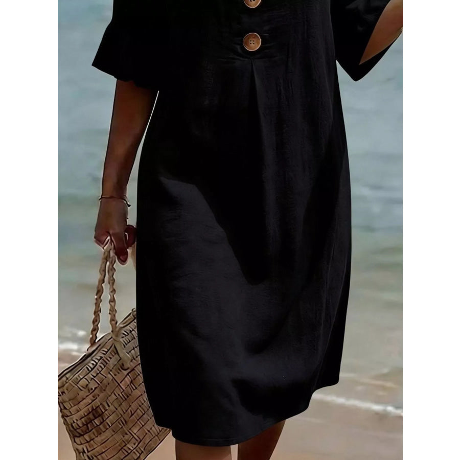 Full Size Button Decor Flounce Sleeve Dress Plus Size Apparel and Accessories
