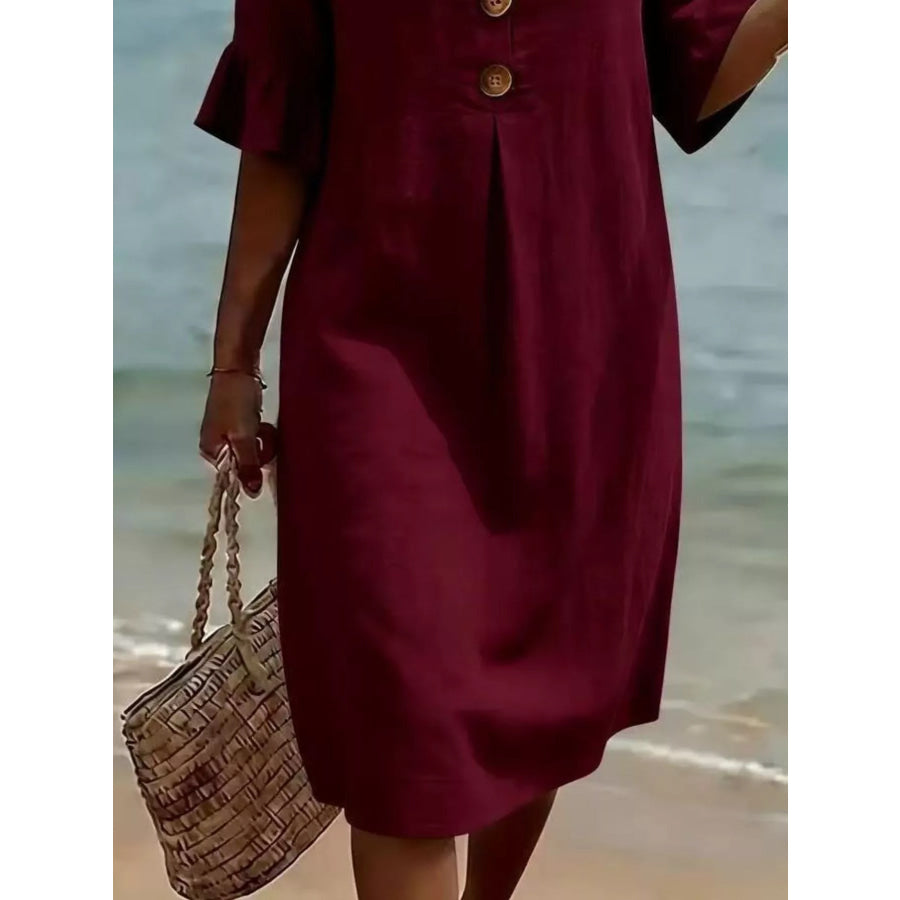 Full Size Button Decor Flounce Sleeve Dress Plus Size Apparel and Accessories