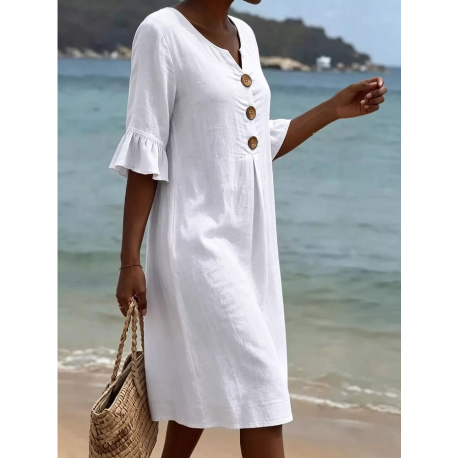 Full Size Button Decor Flounce Sleeve Dress Plus Size Apparel and Accessories