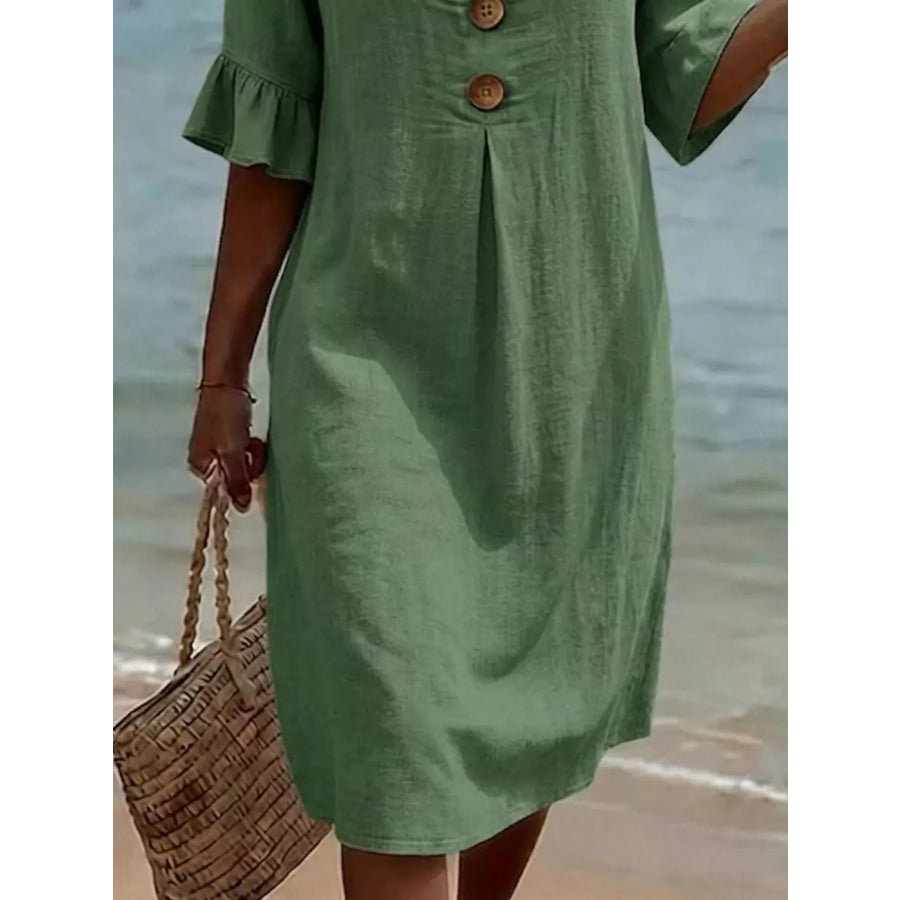 Full Size Button Decor Flounce Sleeve Dress Plus Size Apparel and Accessories