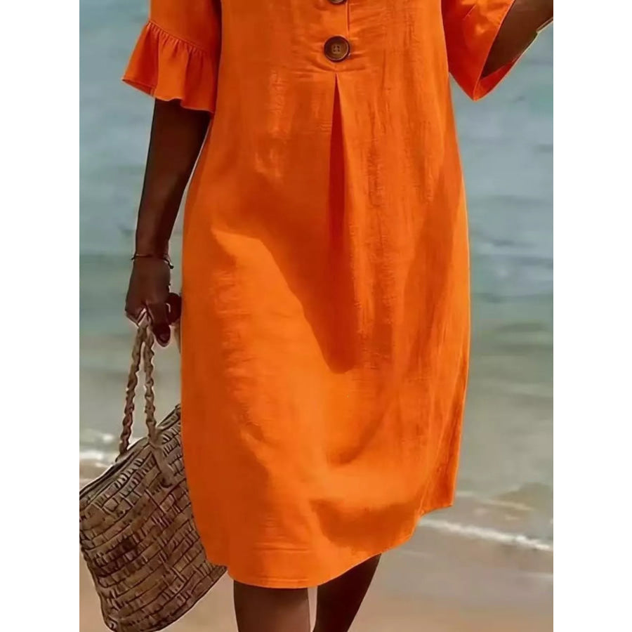 Full Size Button Decor Flounce Sleeve Dress Plus Size Apparel and Accessories