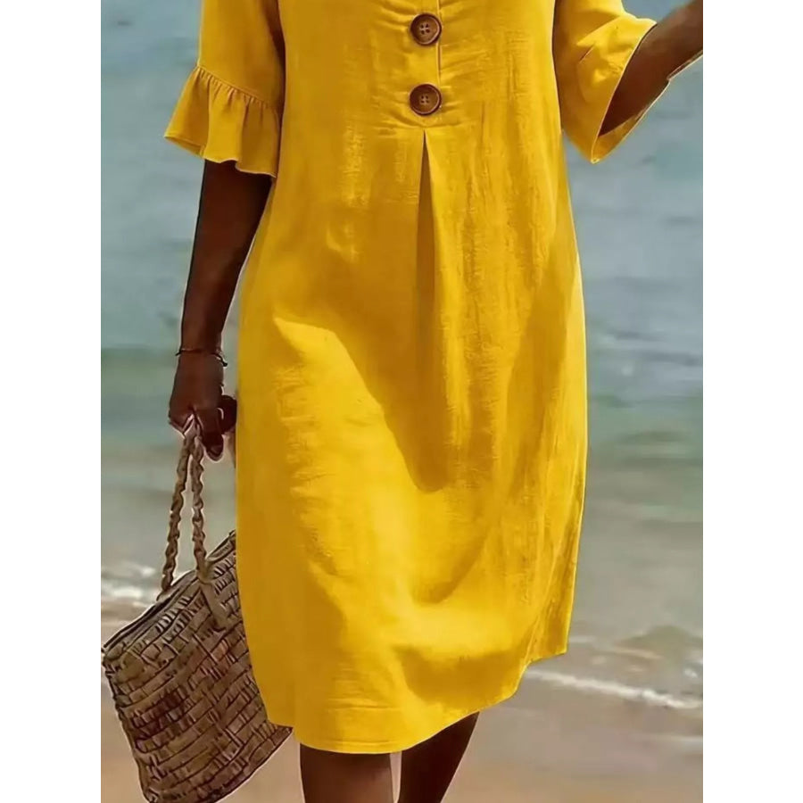 Full Size Button Decor Flounce Sleeve Dress Plus Size Apparel and Accessories